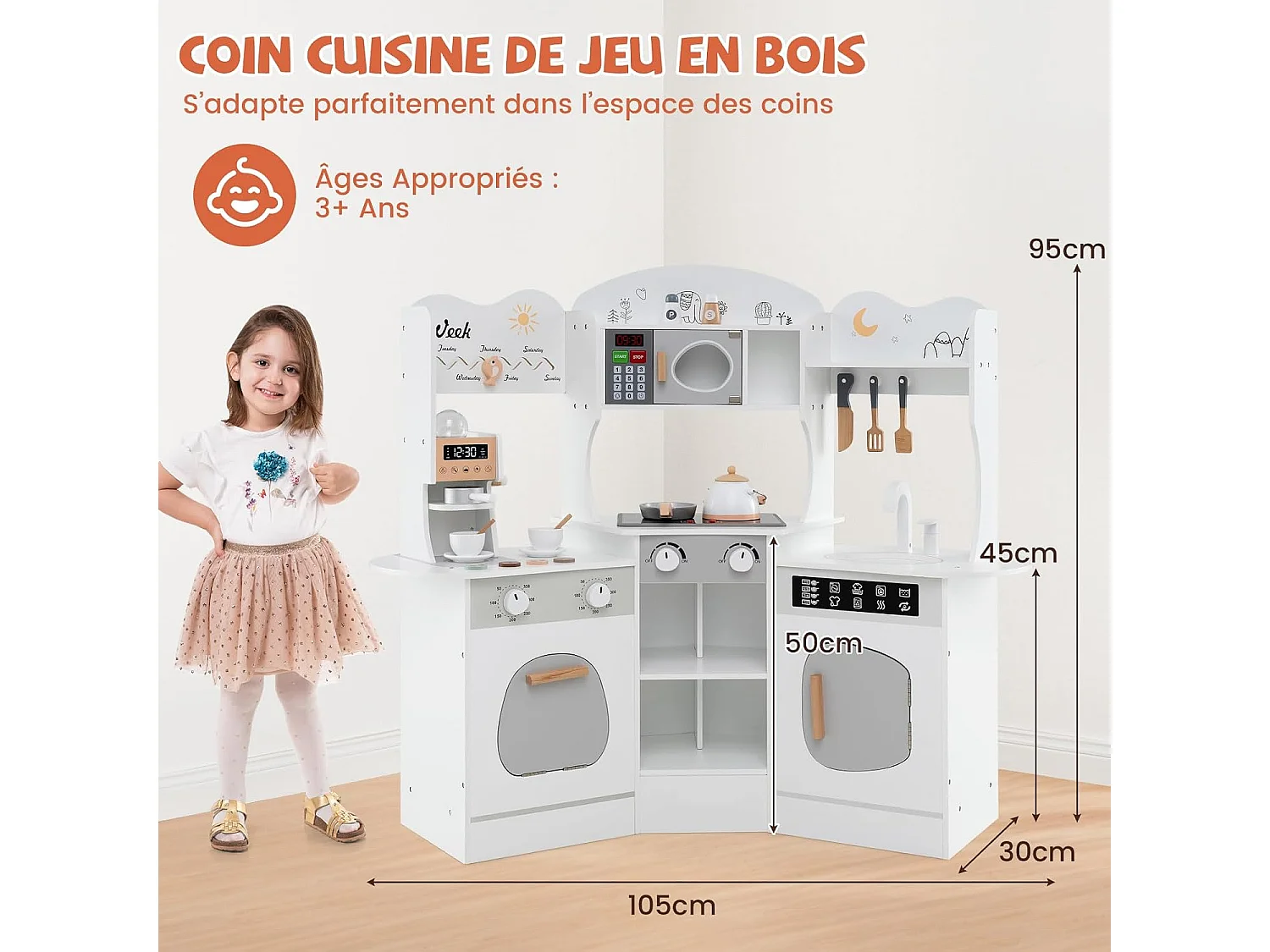 Cuisine Enfants en Bois avec 18 Accessoires, Cuisine d’Angle Enfants avec Micro-Ondes & Étagères, Lumières et Sons, Jouet d’Imitation pour 3 Ans+ (Blanc)