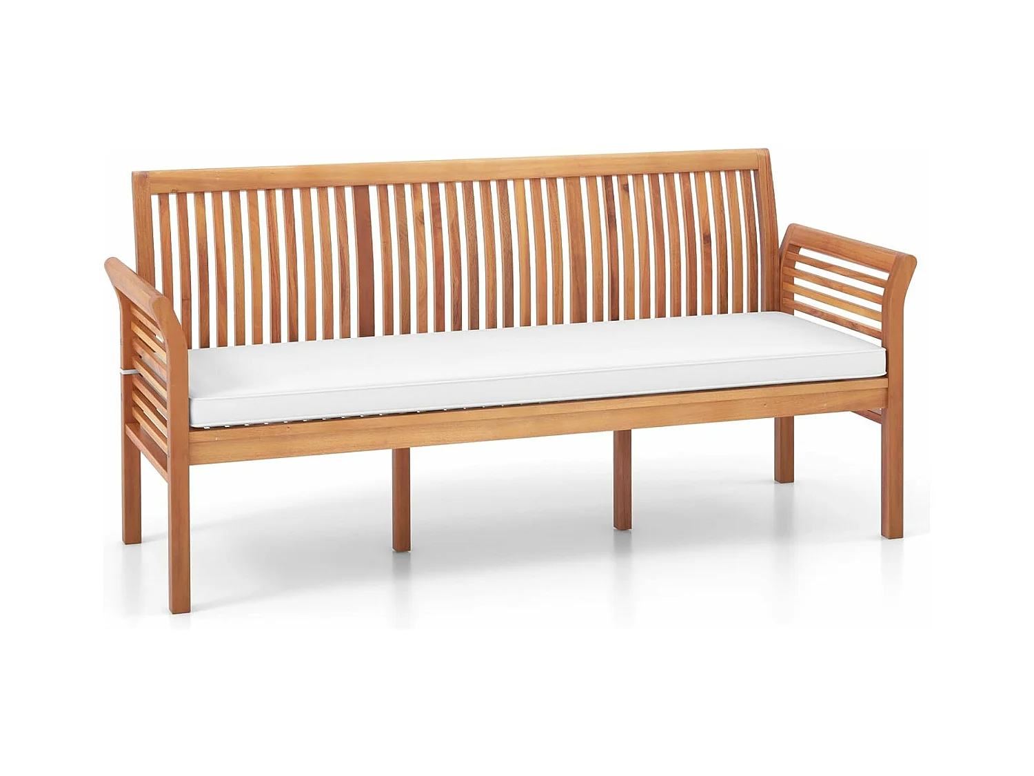 Banc Exterieur Jardin 159 Cm, Banc Bois Acacia avec Coussin, Banquette Exterieure 3 Personnes, Banc de Jardin avec Dossier, Accoudoirs, Design Latte