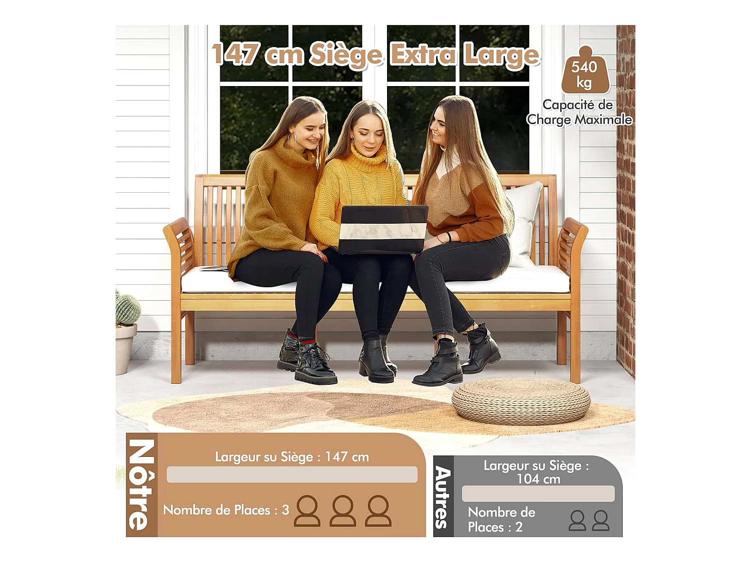 Banc Exterieur Jardin 159 Cm, Banc Bois Acacia avec Coussin, Banquette Exterieure 3 Personnes, Banc de Jardin avec Dossier, Accoudoirs, Design Latte