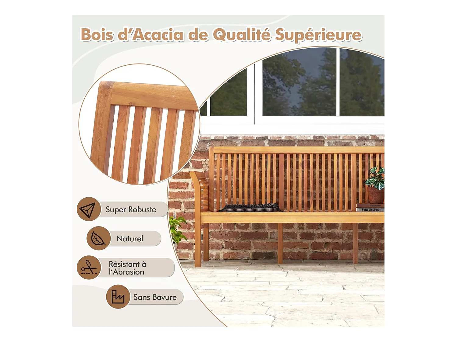 Banc Exterieur Jardin 159 Cm, Banc Bois Acacia avec Coussin, Banquette Exterieure 3 Personnes, Banc de Jardin avec Dossier, Accoudoirs, Design Latte