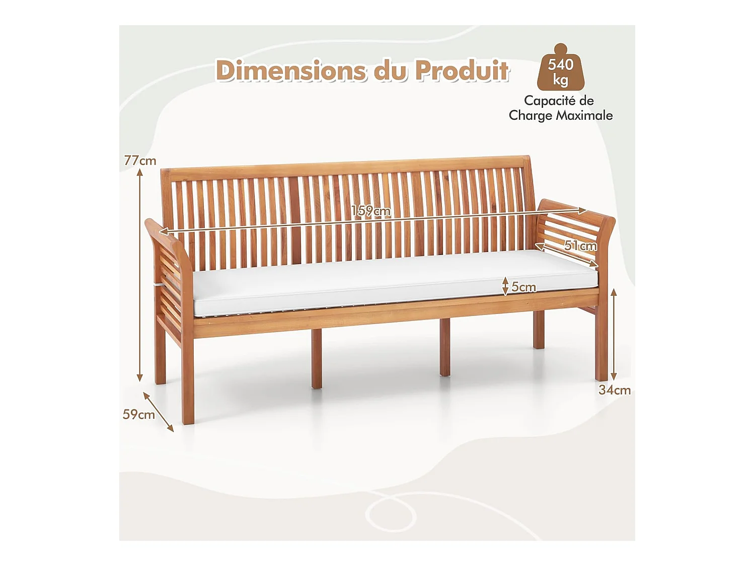 Banc Exterieur Jardin 159 Cm, Banc Bois Acacia avec Coussin, Banquette Exterieure 3 Personnes, Banc de Jardin avec Dossier, Accoudoirs, Design Latte