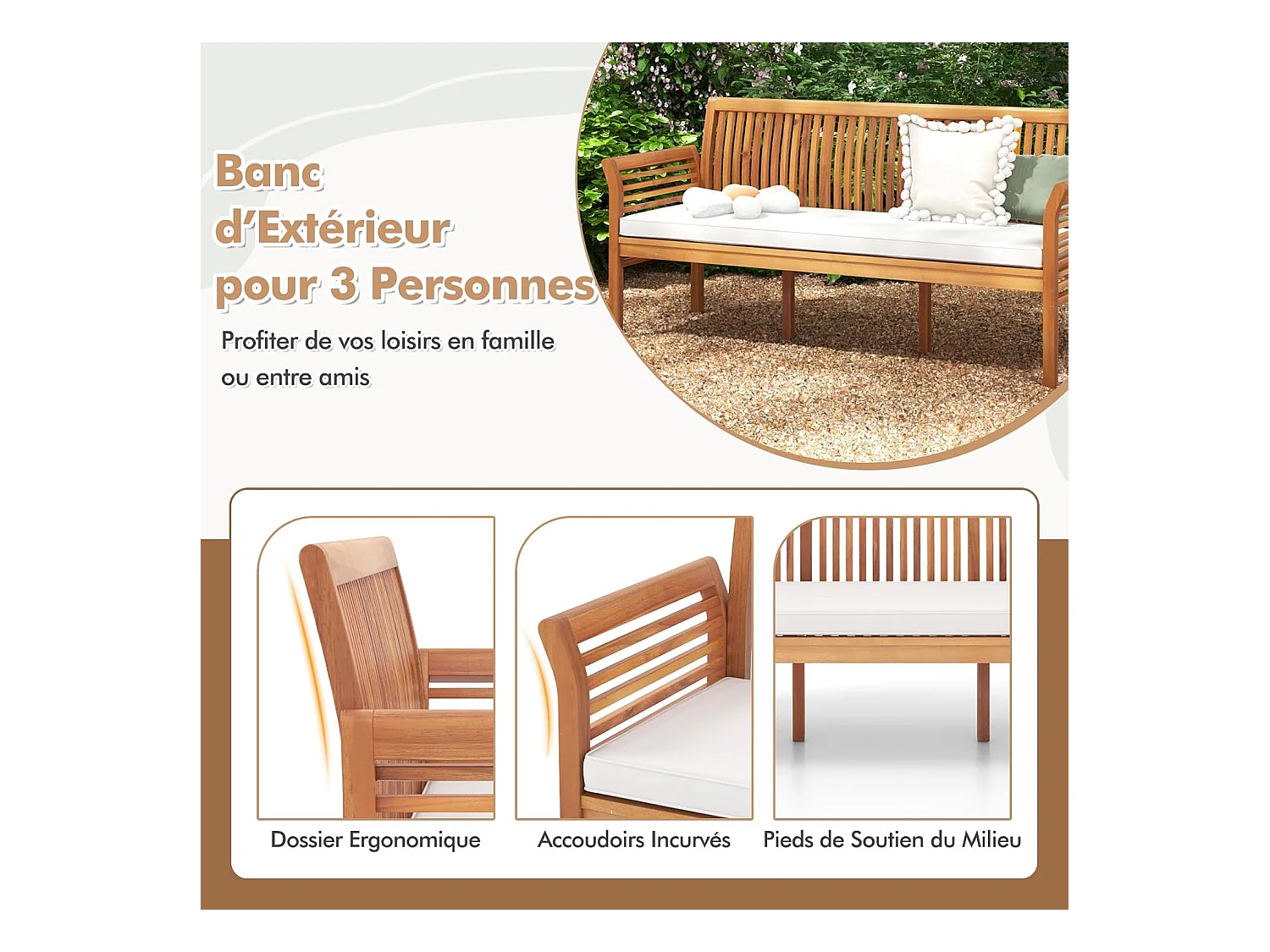Banc Exterieur Jardin 159 Cm, Banc Bois Acacia avec Coussin, Banquette Exterieure 3 Personnes, Banc de Jardin avec Dossier, Accoudoirs, Design Latte