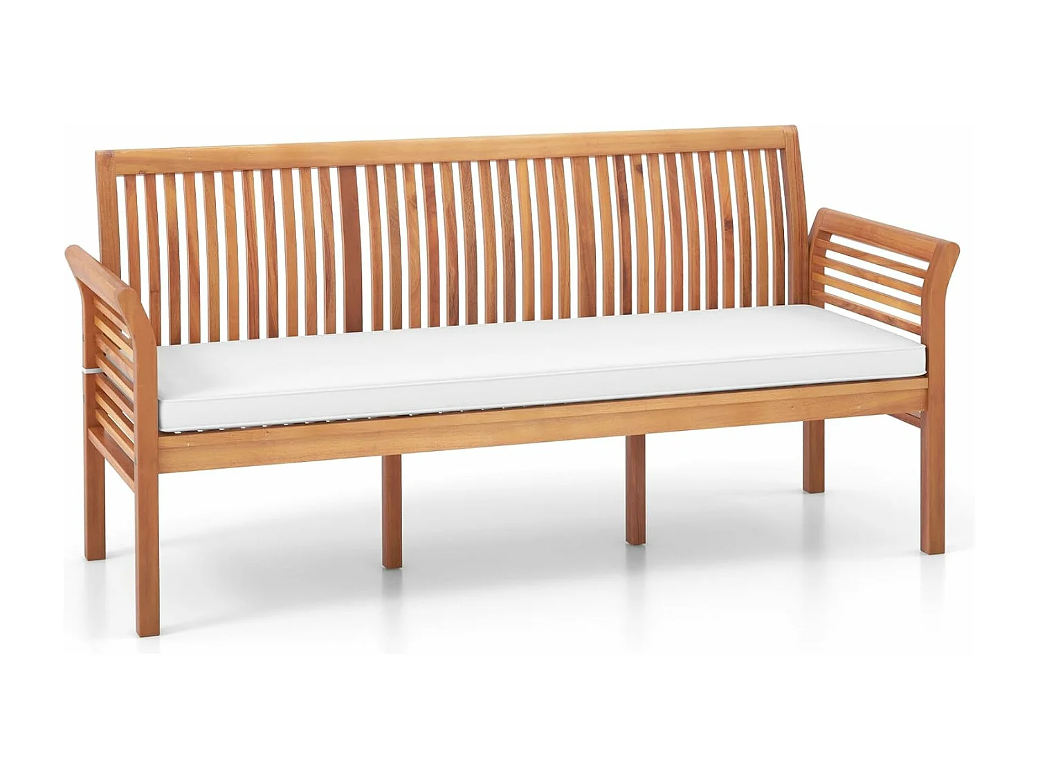 Banc Exterieur Jardin 159 Cm, Banc Bois Acacia avec Coussin, Banquette Exterieure 3 Personnes, Banc de Jardin avec Dossier, Accoudoirs, Design Latte