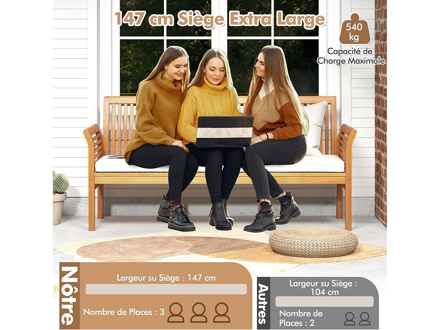 Banc Exterieur Jardin 159 Cm, Banc Bois Acacia avec Coussin, Banquette Exterieure 3 Personnes, Banc de Jardin avec Dossier, Accoudoirs, Design Latte