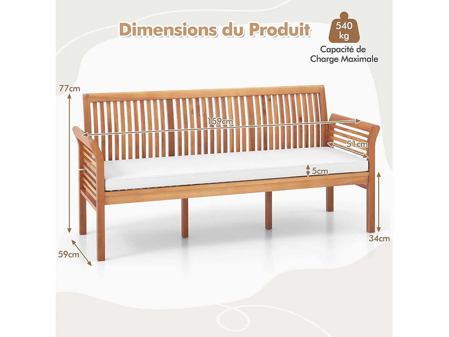 Banc Exterieur Jardin 159 Cm, Banc Bois Acacia avec Coussin, Banquette Exterieure 3 Personnes, Banc de Jardin avec Dossier, Accoudoirs, Design Latte