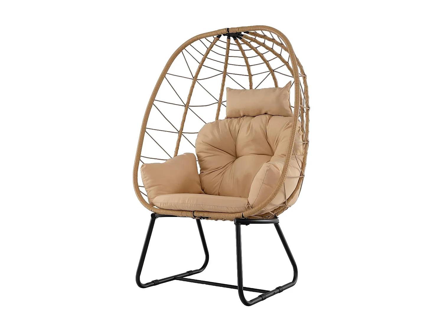 Ei-stoel met metalen standaard, PE-rotan schommelhangmat met dik kussen en hoofdsteun, draagvermogen 150 kg (beige)