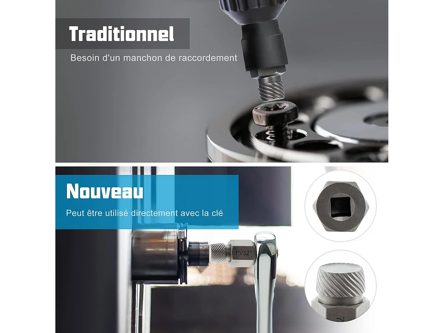 Kit de 27 PCS Extracteur de Vis et Boulons à Double Tête Entraînement 3/8 ", Extracteur à Tête Hexagonale et Multi-Cannelures (Bleu)