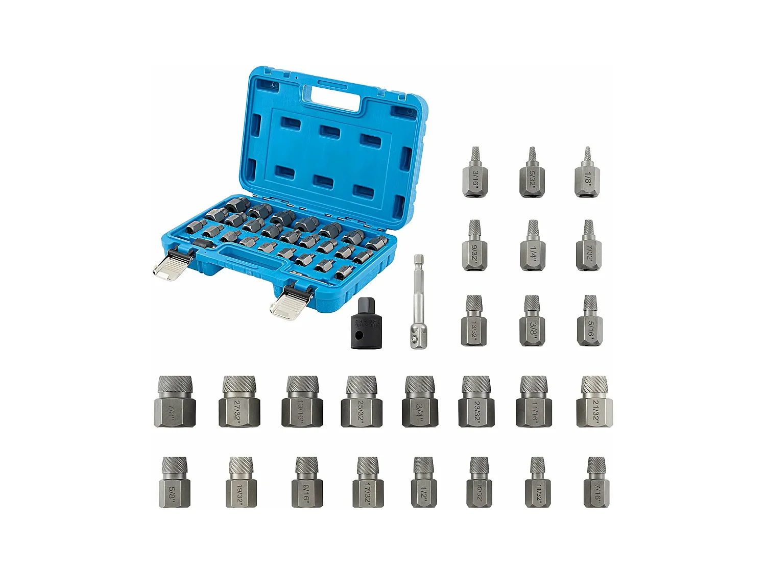 27-delige set met dubbele kop voor het verwijderen van schroeven en bouten, 3/8" aandrijving, zeskantkop en multi-spline extractor (blauw)