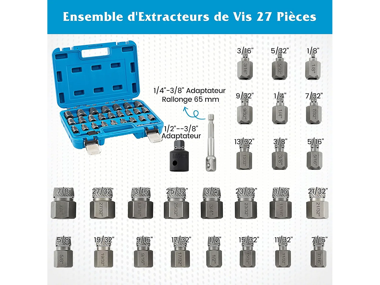 Kit de 27 PCS Extracteur de Vis et Boulons à Double Tête Entraînement 3/8 ", Extracteur à Tête Hexagonale et Multi-Cannelures (Bleu)