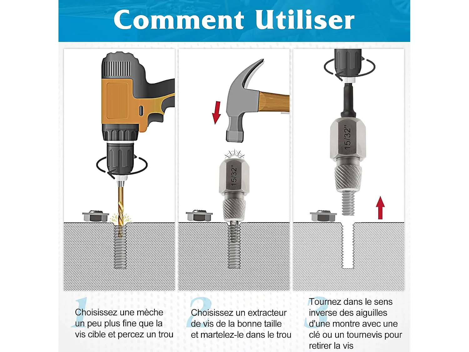 Kit de 27 PCS Extracteur de Vis et Boulons à Double Tête Entraînement 3/8 ", Extracteur à Tête Hexagonale et Multi-Cannelures (Bleu)