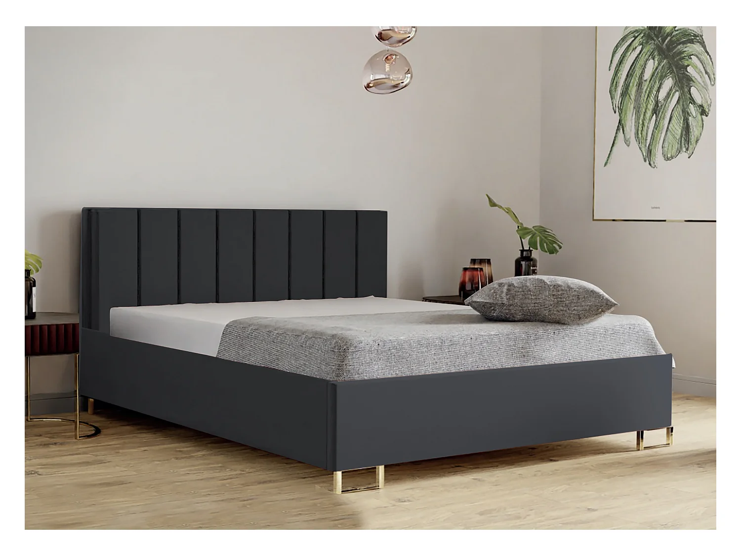 Lit MALIBU, tête de lit rembourrée, revêtement MONOLITH haut de gamme, coffre avec vérins à gaz, hauteur confort 39 cm, 120x200 cm, Anthracite