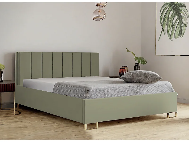 Lit MALIBU, tête de lit rembourrée, revêtement MONOLITH haut de gamme, coffre avec vérins à gaz, hauteur confort 39 cm, 180x200 cm, Vert tilleul