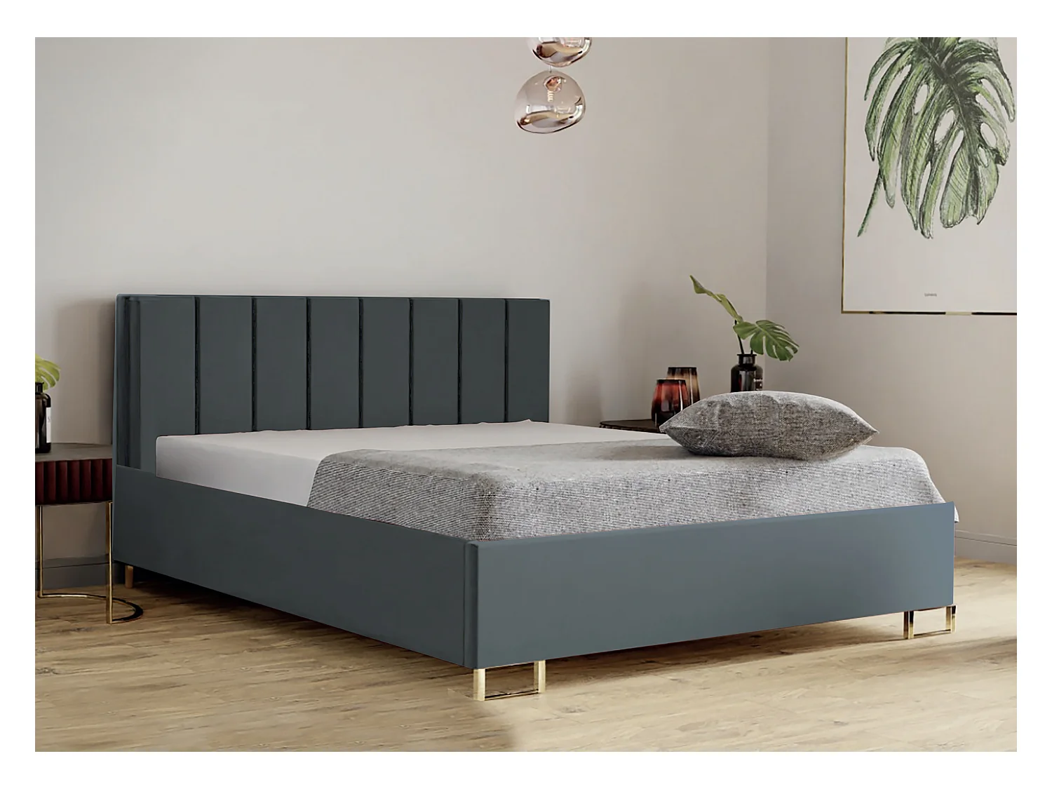 Lit MALIBU, tête de lit rembourrée, revêtement MONOLITH haut de gamme, coffre avec vérins à gaz, hauteur confort 39 cm, 120x200 cm, Gris