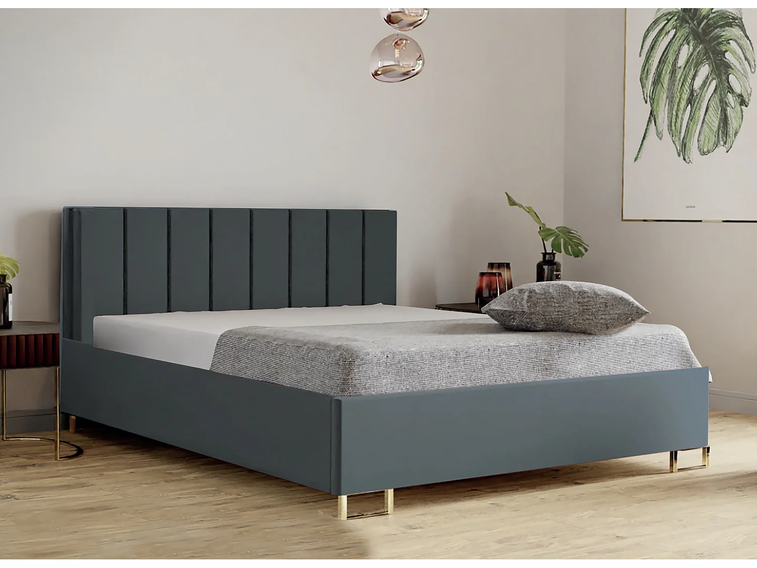 Cama estofada MALIBU, cabeceira acolchoada, tecido MONOLITH premium, baú com pistão a gás, altura confortável 39 cm, 120x200 cm, Cinzento