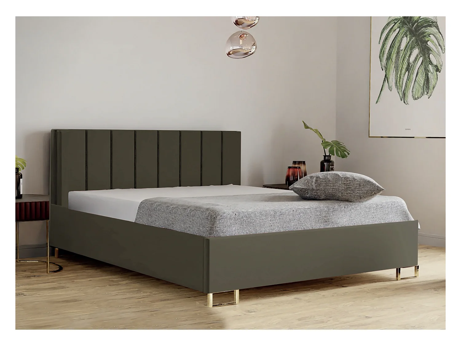 Lit MALIBU, tête de lit rembourrée, revêtement MONOLITH haut de gamme, coffre avec vérins à gaz, hauteur confort 39 cm, 120x200 cm, Vert olive