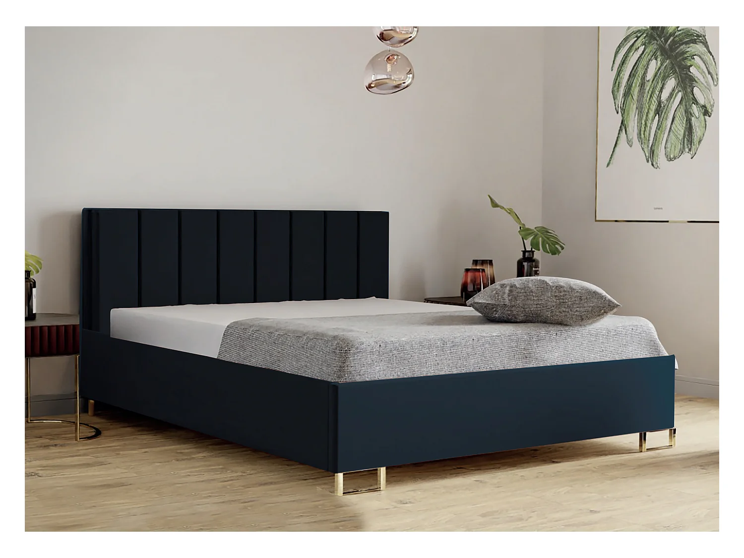 Lit MALIBU, tête de lit rembourrée, revêtement MONOLITH haut de gamme, coffre avec vérins à gaz, hauteur confort 39 cm, 160x200 cm, Bleu foncé