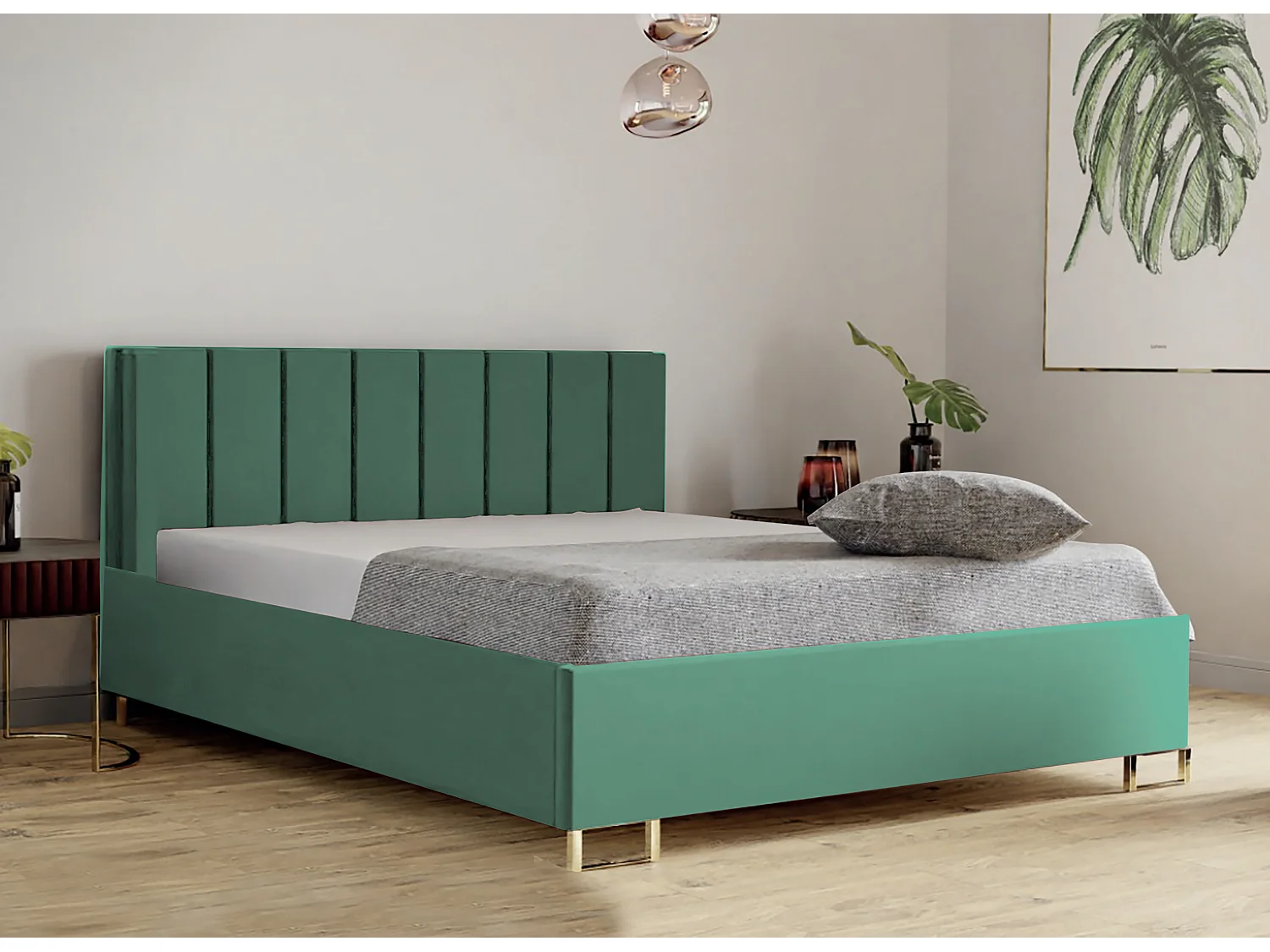 Polsterbed MALIBU, gestoffeerde rugleuning, MONOLITH-stof, opbergbox met gasdrukveer, comfortabele bedhoogte 39 cm, 160x200 cm, Seledyn