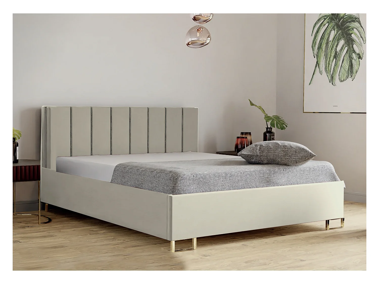 Lit MALIBU, tête de lit rembourrée, revêtement MONOLITH haut de gamme, coffre avec vérins à gaz, hauteur confort 39 cm, 140x200 cm, Frêne
