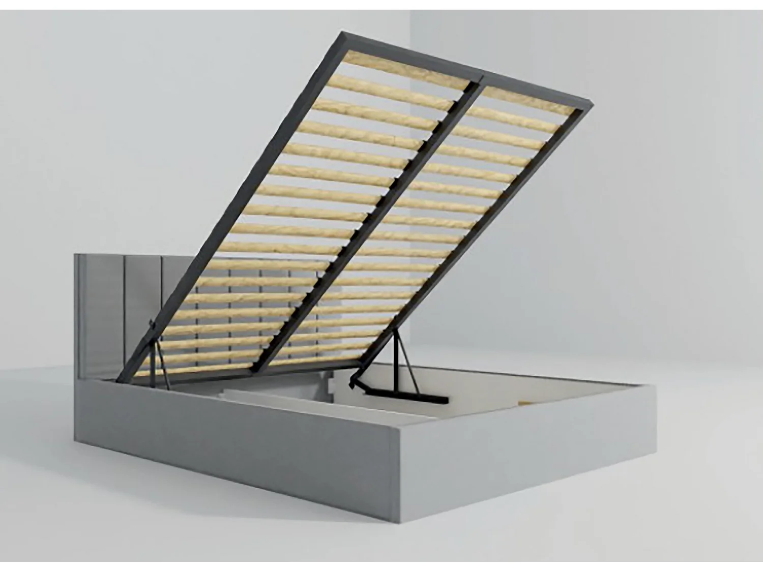 Lit MALIBU, tête de lit rembourrée, revêtement MONOLITH haut de gamme, coffre avec vérins à gaz, hauteur confort 39 cm, 140x200 cm, Frêne