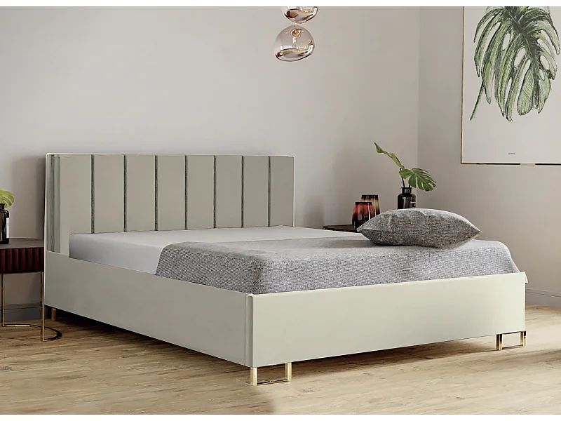 Letto imbottito MALIBU, testiera, rivestimento MONOLITH, box contenitore con pistone a gas, altezza letto 39 cm, 140x200 cm, Frassino