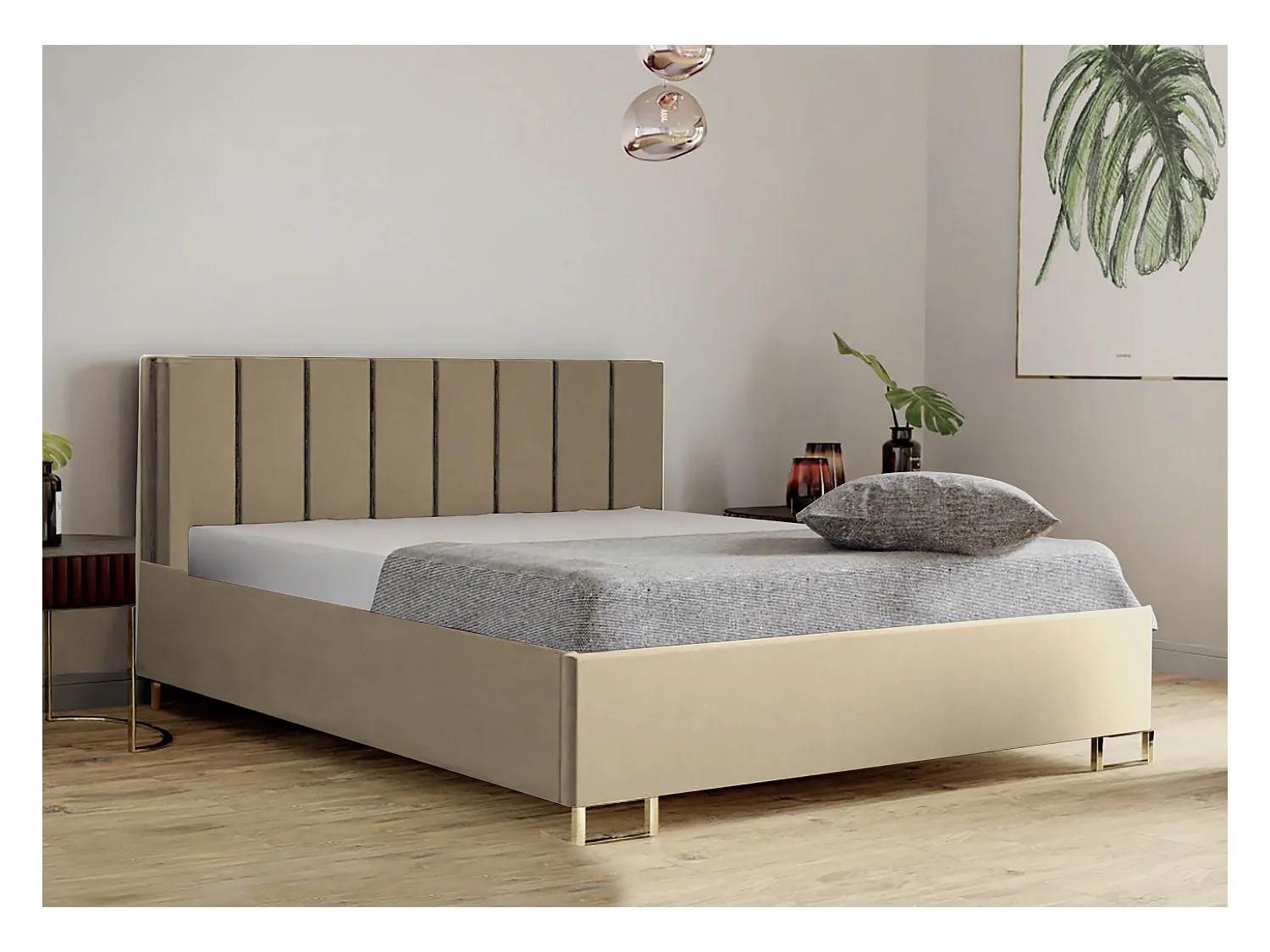 Lit MALIBU, tête de lit rembourrée, revêtement MONOLITH haut de gamme, coffre avec vérins à gaz, hauteur confort 39 cm, 140x200 cm, Beige