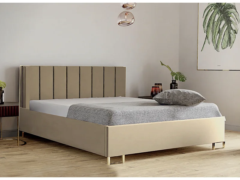 Polsterbed MALIBU, gestoffeerde rugleuning, MONOLITH-stof, opbergbox met gasdrukveer, comfortabele bedhoogte 39 cm, 140x200 cm, Beige