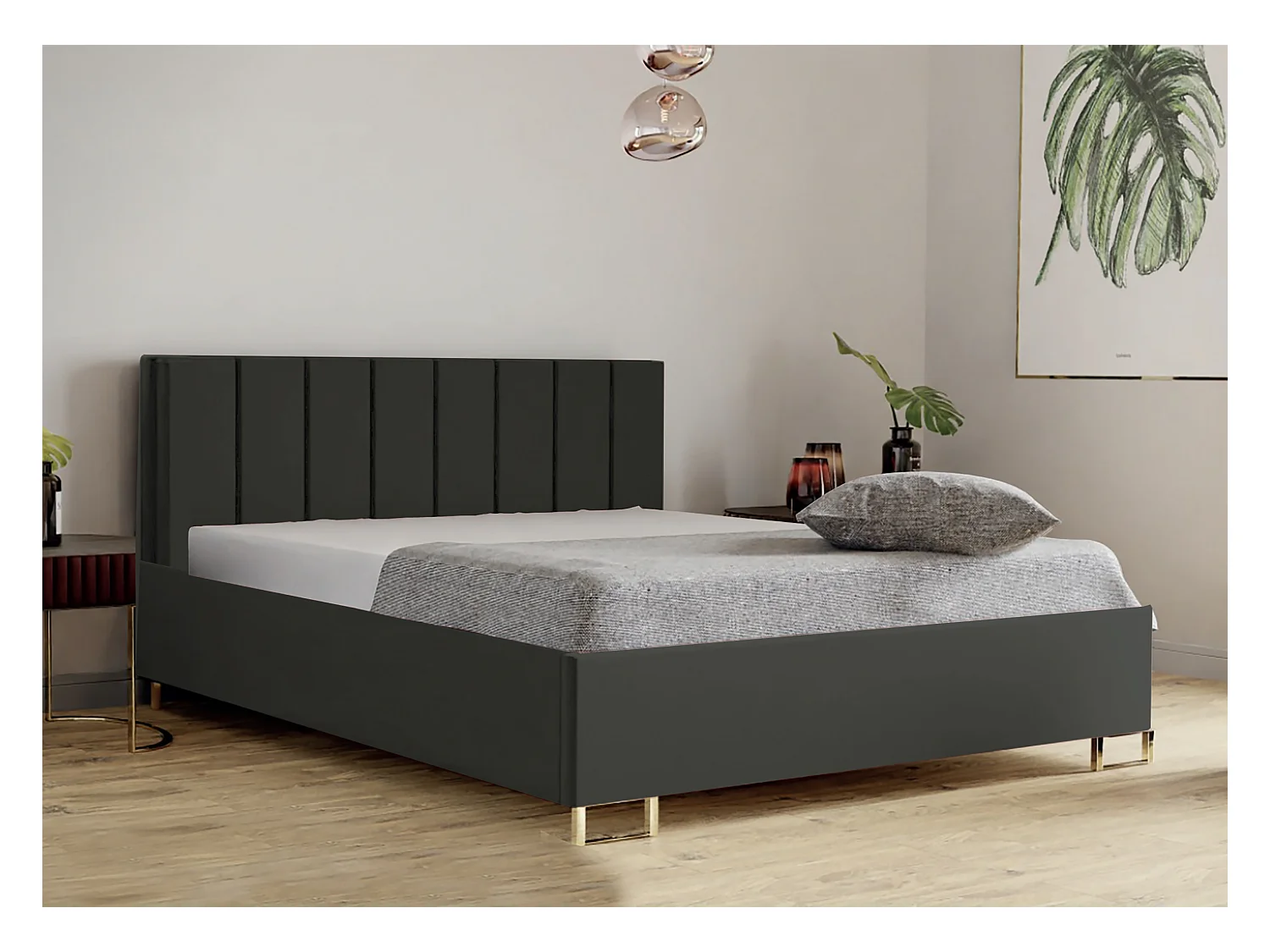 Lit MALIBU, tête de lit rembourrée, revêtement MONOLITH haut de gamme, coffre avec vérins à gaz, hauteur confort 39 cm, 160x200 cm, Anthracite