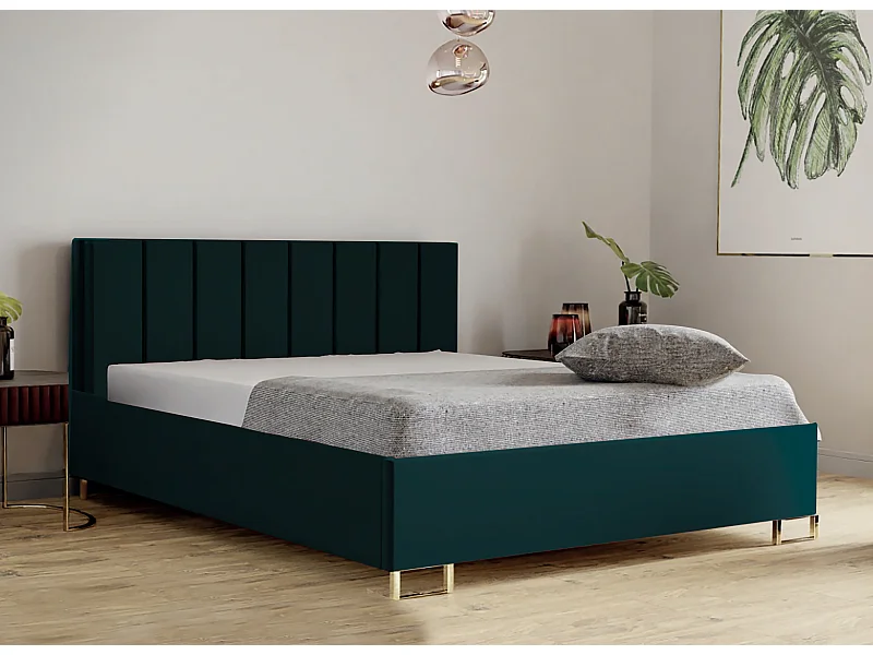 Lit MALIBU, tête de lit rembourrée, revêtement MONOLITH haut de gamme, coffre avec vérins à gaz, hauteur confort 39 cm, 200x200 cm, Vert