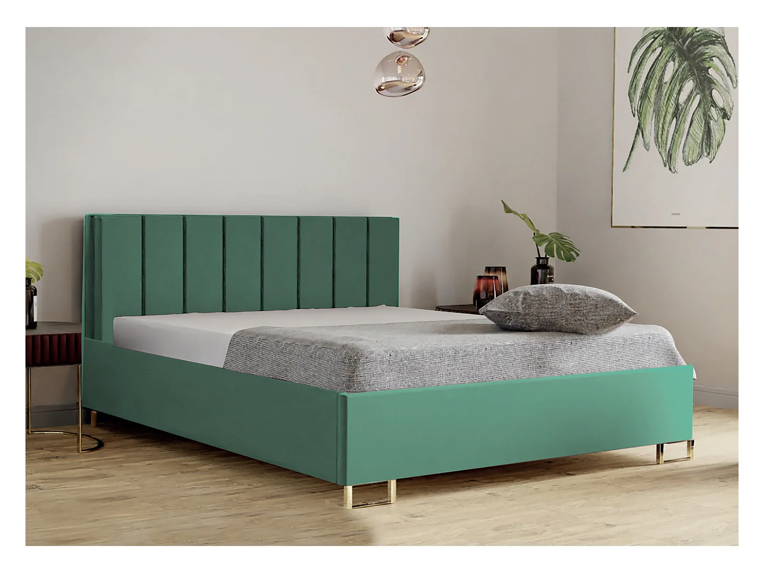 Polsterbed MALIBU, gestoffeerde rugleuning, MONOLITH-stof, opbergbox met gasdrukveer, comfortabele bedhoogte 39 cm, 140x200 cm, Seledyn