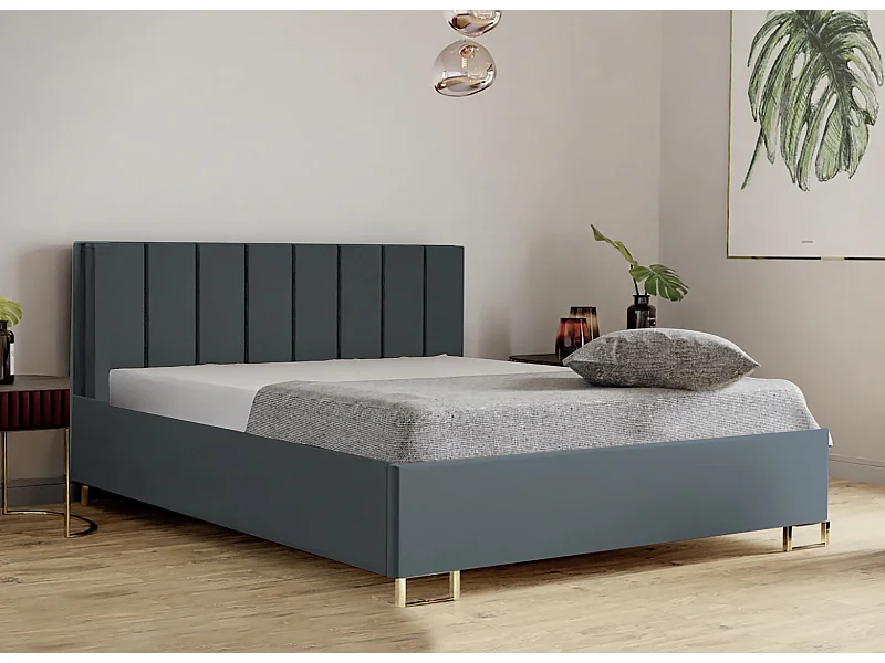 Lit MALIBU, tête de lit rembourrée, revêtement MONOLITH haut de gamme, coffre avec vérins à gaz, hauteur confort 39 cm, 180x200 cm, Gris