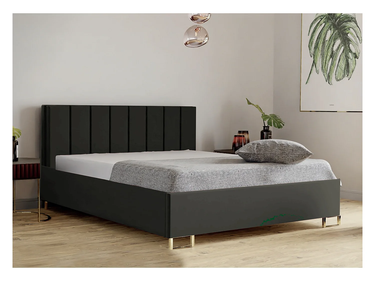 Cama estofada MALIBU, cabeceira acolchoada, tecido MONOLITH premium, baú com pistão a gás, altura confortável 39 cm, 140x200 cm, Verde escuro