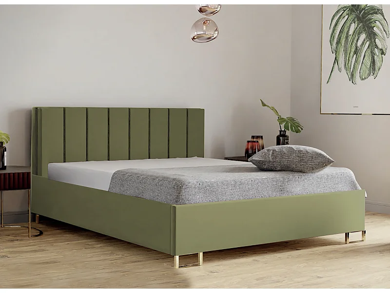 Lit MALIBU, tête de lit rembourrée, revêtement MONOLITH haut de gamme, coffre avec vérins à gaz, hauteur confort 39 cm, 120x200 cm, Vert clair