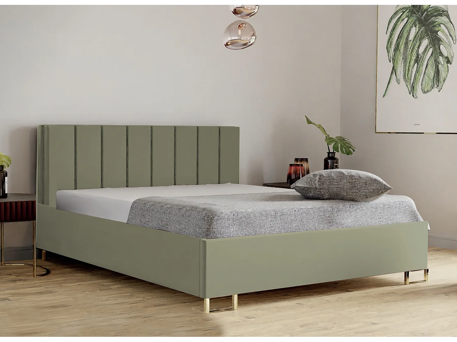 Lit MALIBU, tête de lit rembourrée, revêtement MONOLITH haut de gamme, coffre avec vérins à gaz, hauteur confort 39 cm, 200x200 cm, Vert tilleul