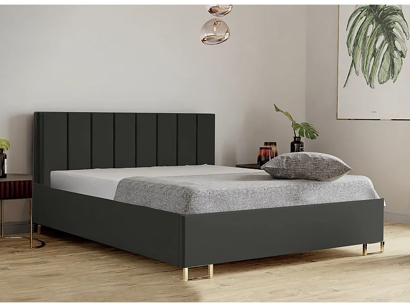 Lit MALIBU, tête de lit rembourrée, revêtement MONOLITH haut de gamme, coffre avec vérins à gaz, hauteur confort 39 cm, 120x200 cm, Anthracite