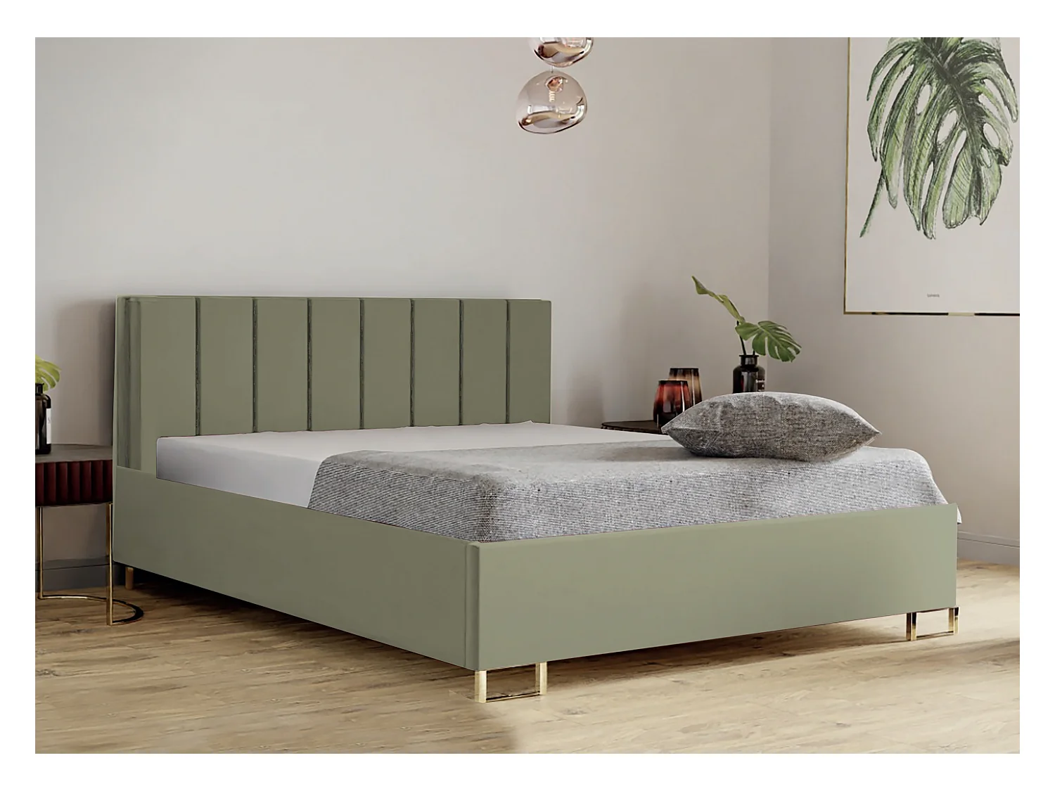 Lit MALIBU, tête de lit rembourrée, revêtement MONOLITH haut de gamme, coffre avec vérins à gaz, hauteur confort 39 cm, 120x200 cm, Vert tilleul