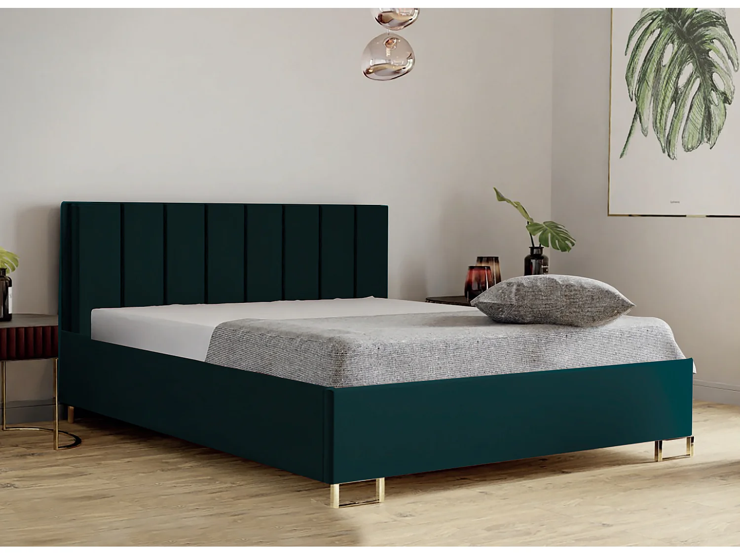Polsterbed MALIBU, gestoffeerde rugleuning, MONOLITH-stof, opbergbox met gasdrukveer, comfortabele bedhoogte 39 cm, 160x200 cm, Groen