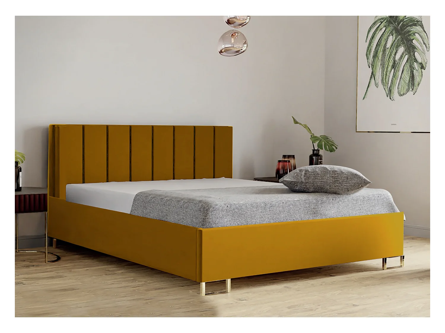 Lit MALIBU, tête de lit rembourrée, revêtement MONOLITH haut de gamme, coffre avec vérins à gaz, hauteur confort 39 cm, 120x200 cm, Orange
