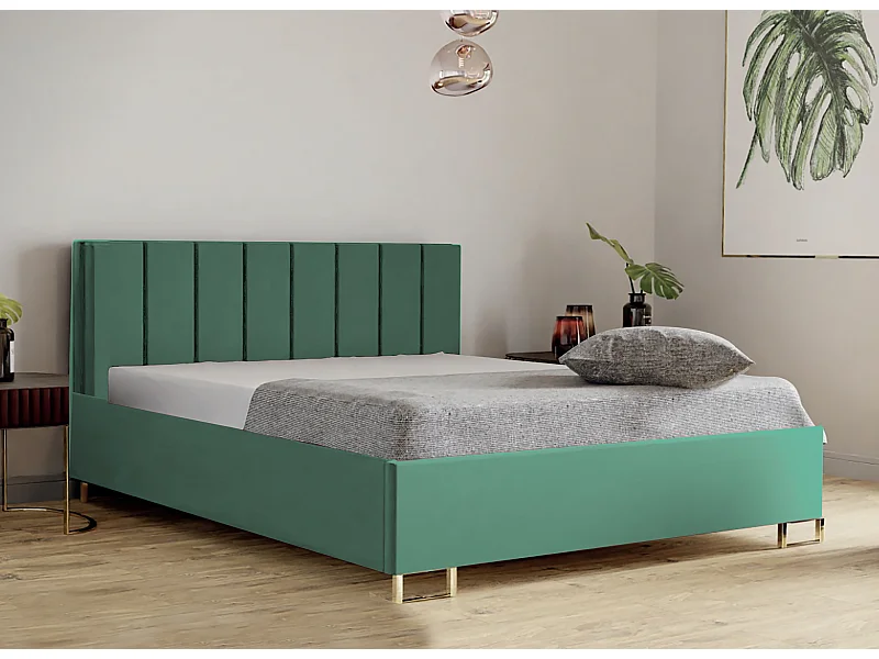 Polsterbed MALIBU, gestoffeerde rugleuning, MONOLITH-stof, opbergbox met gasdrukveer, comfortabele bedhoogte 39 cm, 180x200 cm, Seledyn