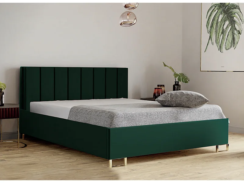 Lit MALIBU, tête de lit rembourrée, revêtement MONOLITH haut de gamme, coffre avec vérins à gaz, hauteur confort 39 cm, 180x200 cm, vert