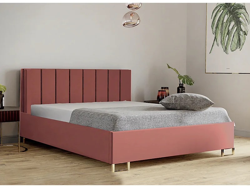 Lit MALIBU, tête de lit rembourrée, revêtement MONOLITH haut de gamme, coffre avec vérins à gaz, hauteur confort 39 cm, 160x200 cm, rose