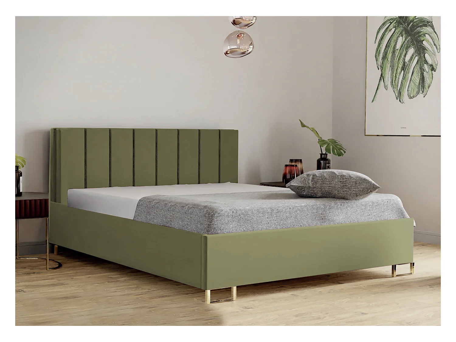 Lit MALIBU, tête de lit rembourrée, revêtement MONOLITH haut de gamme, coffre avec vérins à gaz, hauteur confort 39 cm, 200x200 cm, Vert clair
