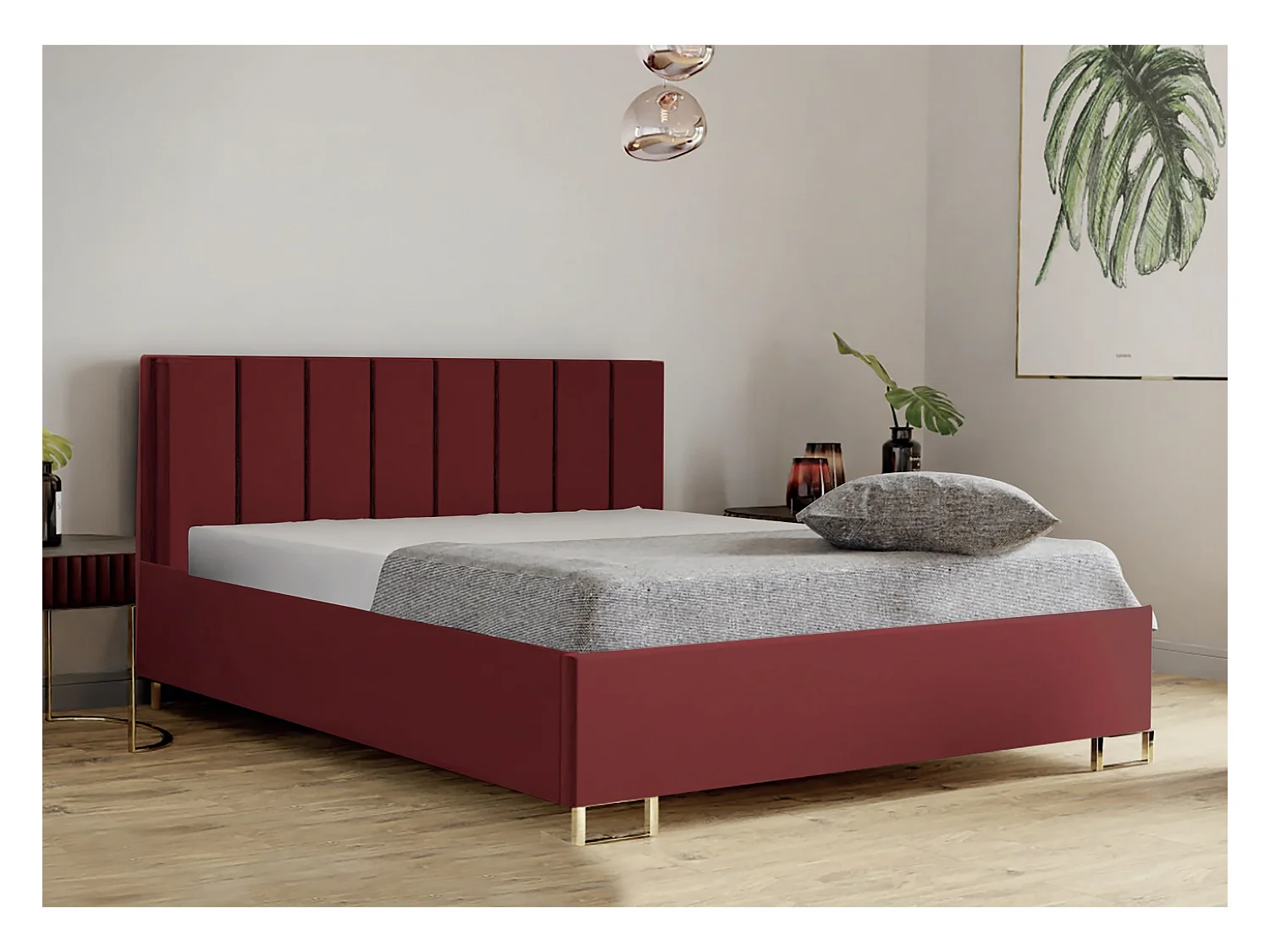 Letto imbottito MALIBU, testiera, rivestimento MONOLITH, box contenitore con pistone a gas, altezza letto 39 cm, 140x200 cm, Maroon