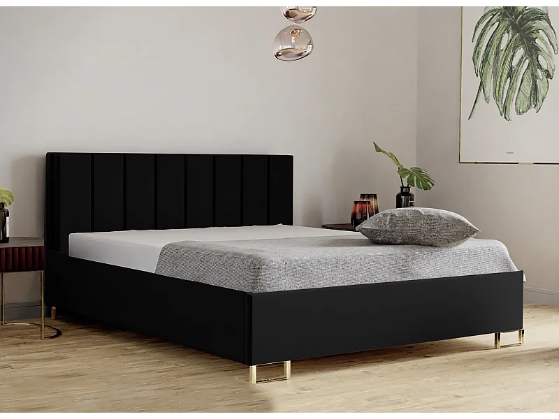 Lit MALIBU, tête de lit rembourrée, revêtement MONOLITH haut de gamme, coffre avec vérins à gaz, hauteur confort 39 cm, 140x200 cm, Noir