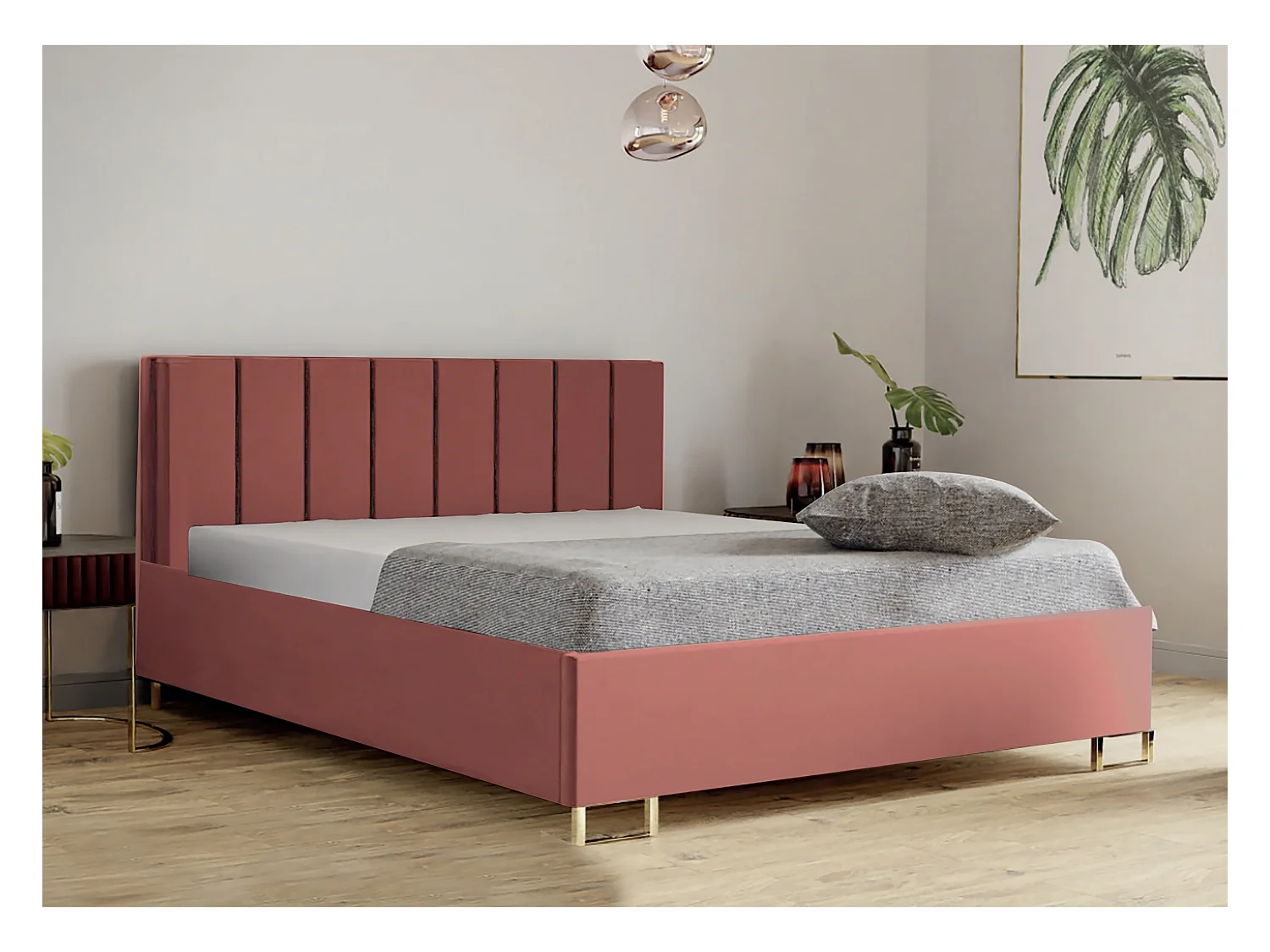 Lit MALIBU, tête de lit rembourrée, revêtement MONOLITH haut de gamme, coffre avec vérins à gaz, hauteur confort 39 cm, 120x200 cm, Rose