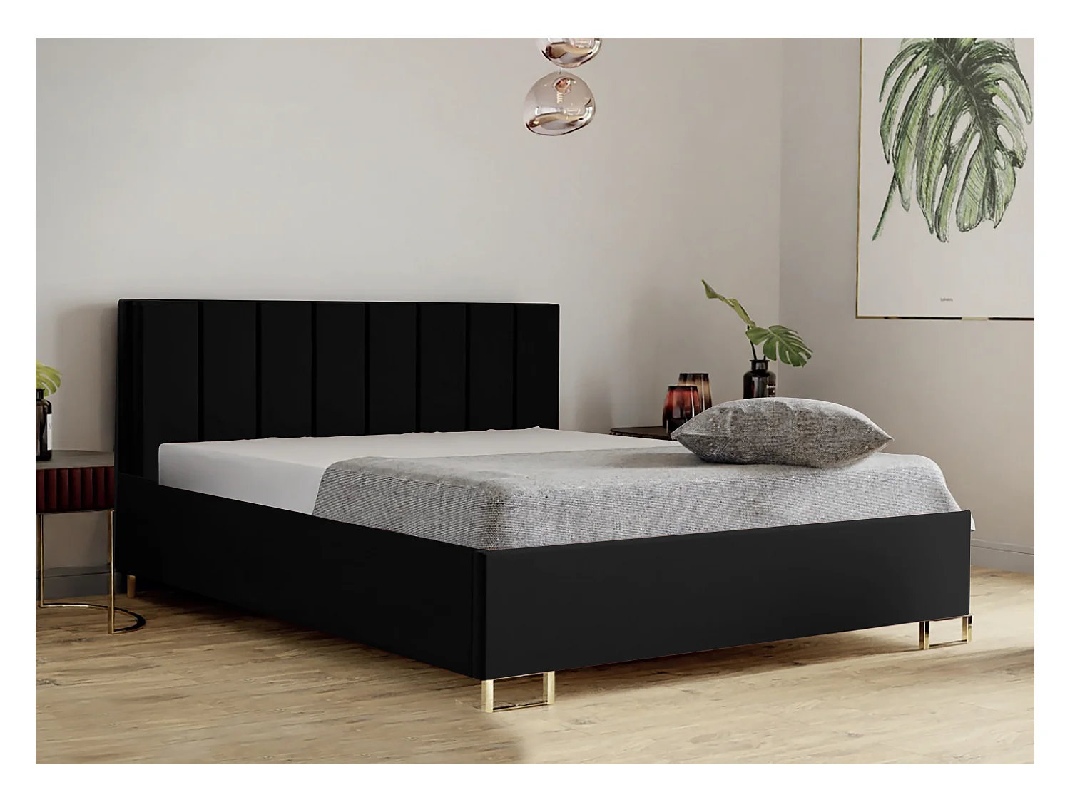 Lit MALIBU, tête de lit rembourrée, revêtement MONOLITH haut de gamme, coffre avec vérins à gaz, hauteur confort 39 cm, 120x200 cm, Noir