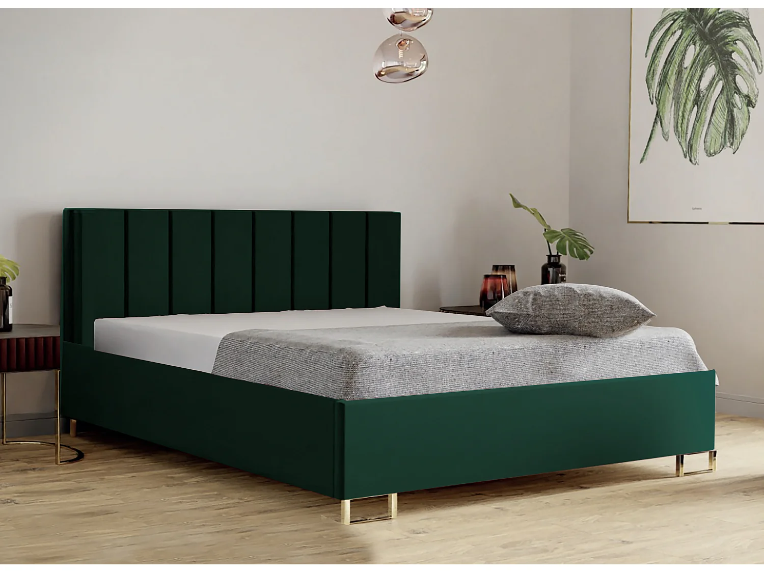 Lit MALIBU, tête de lit rembourrée, revêtement MONOLITH haut de gamme, coffre avec vérins à gaz, hauteur confort 39 cm, 160x200 cm, vert