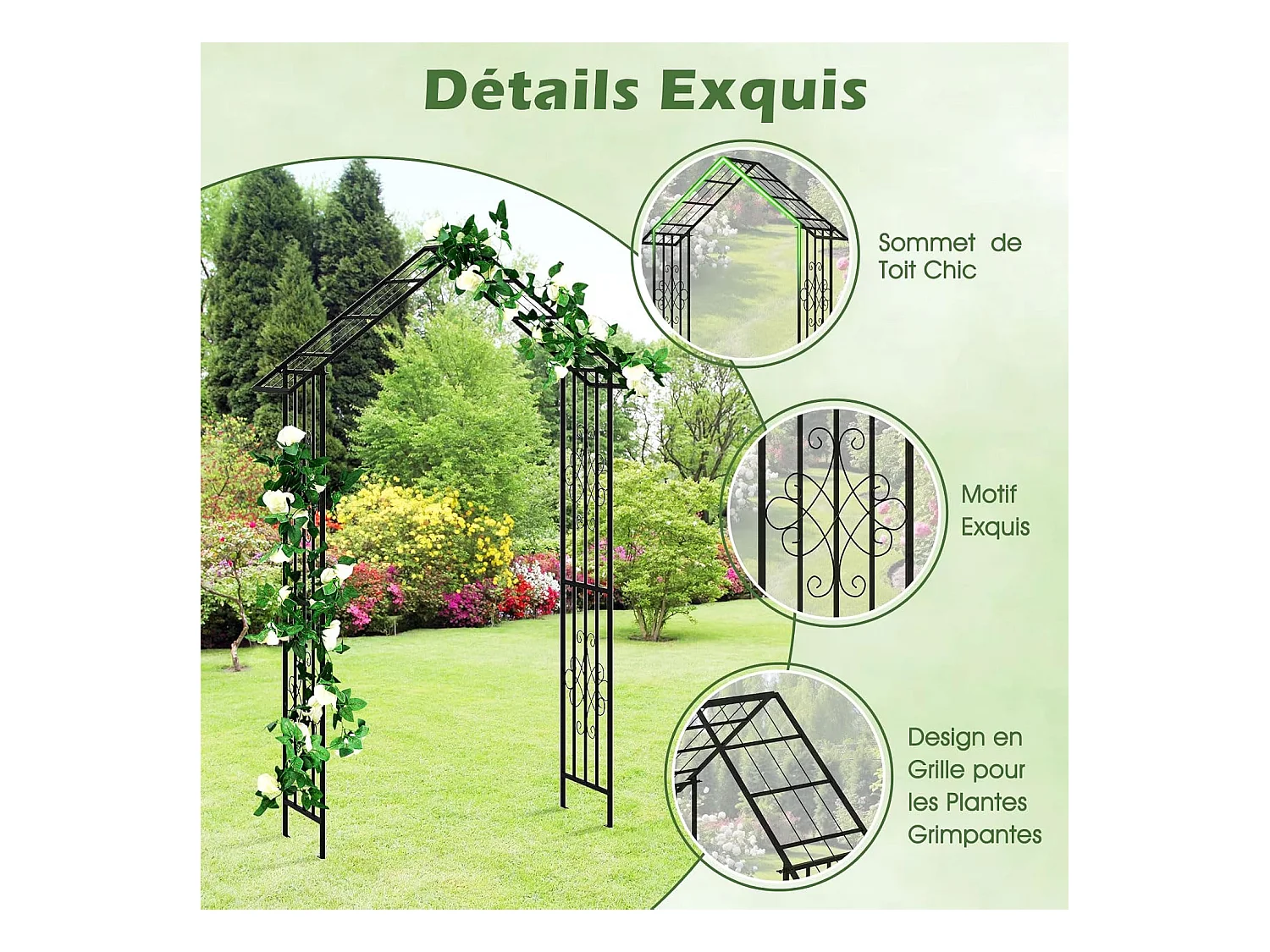 Arche de Jardin Moderne en Métal pour Plantes Grimpantes, Treillis de Jardin Extérieur avec Toit Élégant, Arche Décorative pour Mariage, Fête, 140 x 40 x 223 cm