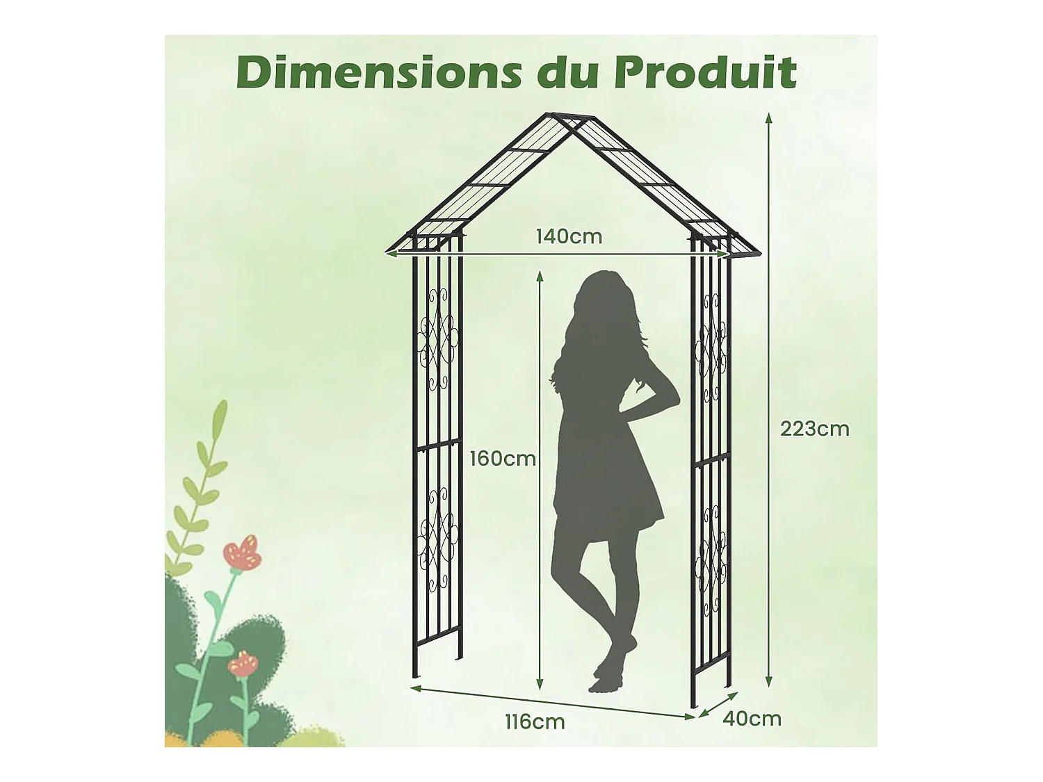 Arche de Jardin Moderne en Métal pour Plantes Grimpantes, Treillis de Jardin Extérieur avec Toit Élégant, Arche Décorative pour Mariage, Fête, 140 x 40 x 223 cm