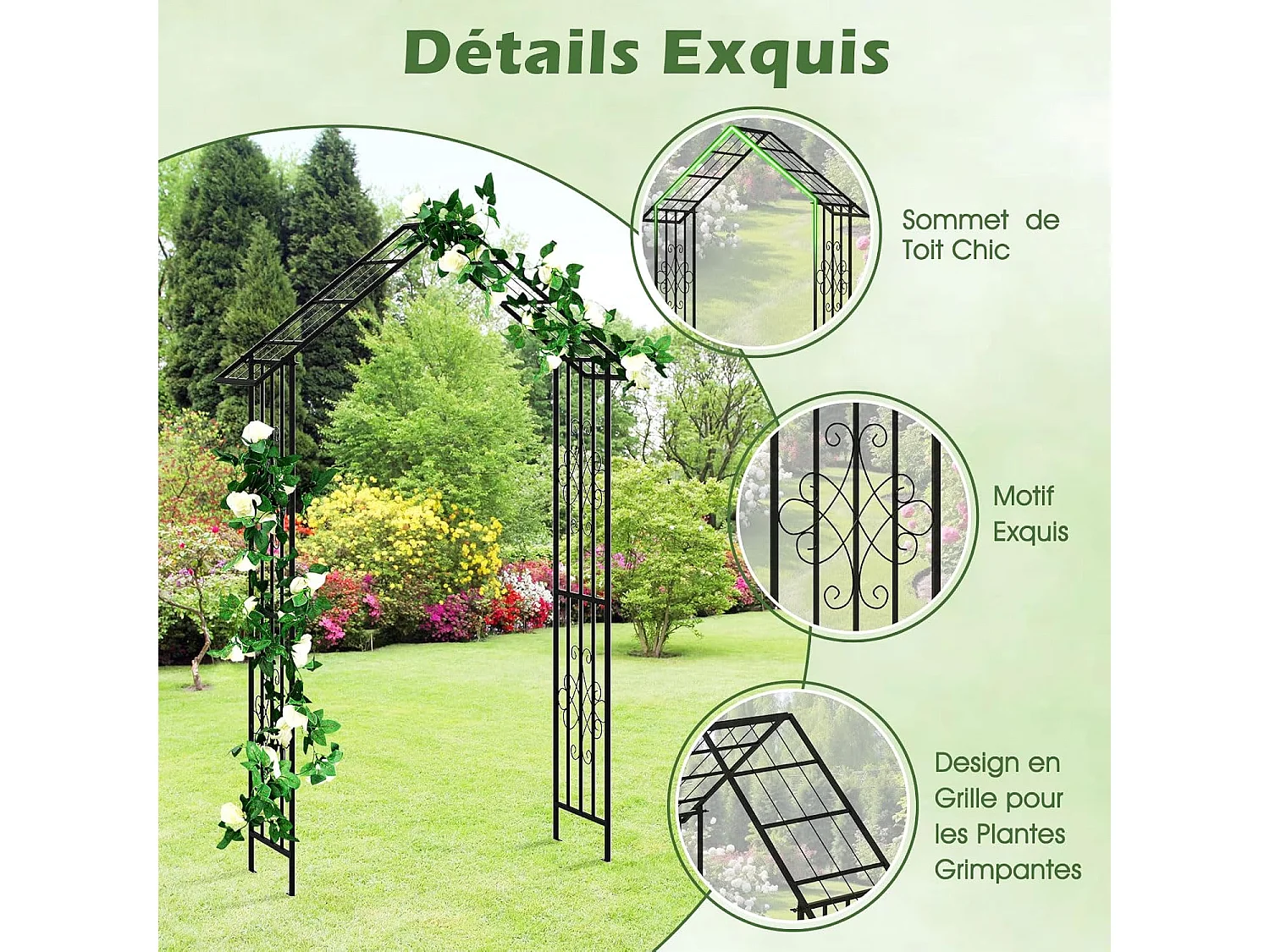 Arche de Jardin Moderne en Métal pour Plantes Grimpantes, Treillis de Jardin Extérieur avec Toit Élégant, Arche Décorative pour Mariage, Fête, 140 x 40 x 223 cm