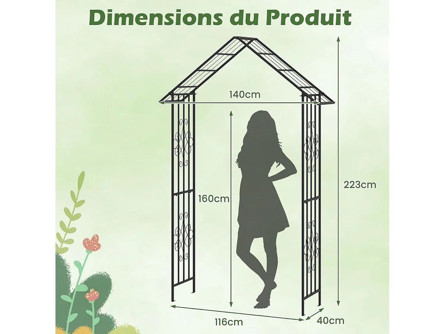 Arche de Jardin Moderne en Métal pour Plantes Grimpantes, Treillis de Jardin Extérieur avec Toit Élégant, Arche Décorative pour Mariage, Fête, 140 x 40 x 223 cm